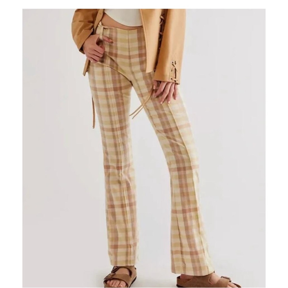 Free People The Way You Move Flare Plaid Linen Pants Neutral Beige Size 12